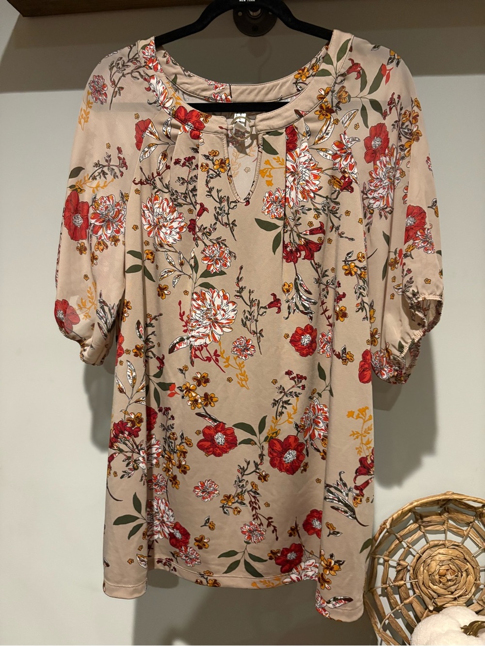 Perseption Beige Floral Long Sleeve Dress with Red & Mustard Accents